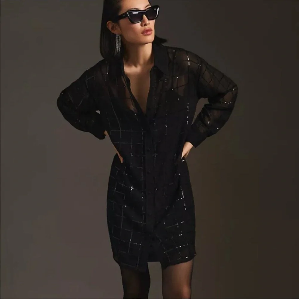 Anthropologie Rinku Dalamal Black Sequin Shirt Dress Long Sleeve Sheer Button Up - Picture 2 of 11